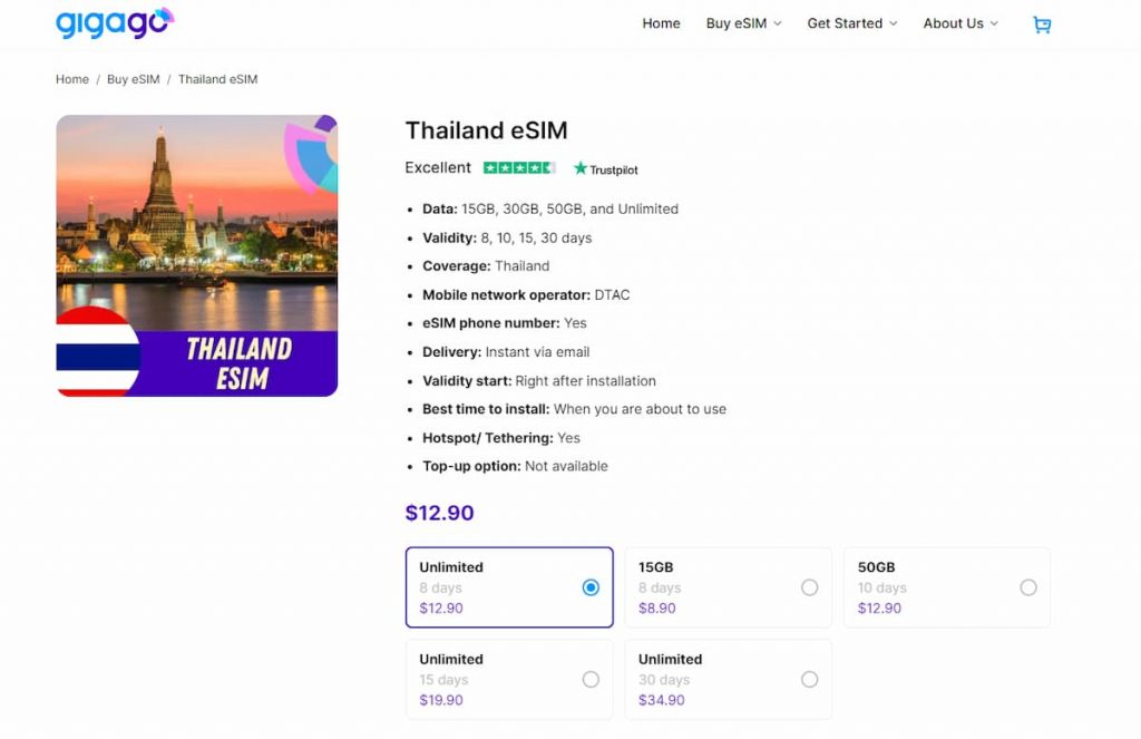 Thailand eSIM from Gigago